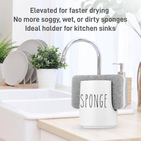 White Ceramic Sponge Holder for Kitchen Sink – Cute Farmhouse Sink Caddy Organizer – Sponge Rest for Countertop