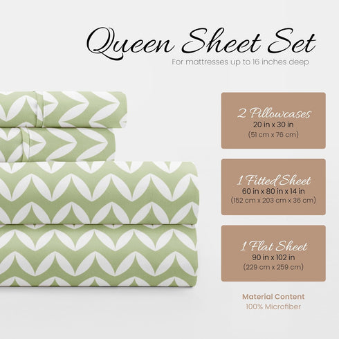 Linen Market Double-Brushed Microfiber Queen Sheet Set - 4 Piece, Oeko-TEX Certified, Puffed Chevron Sage