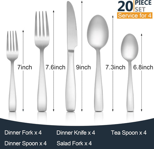 E-far Matte Silverware Set for 4, 20 Pieces Stainless Steel Flatware Eating Utensils Set for Home Kitchen Restaurant, Metal Forks Spoons and Knives with Square Handle, Dishwasher Safe by E-far