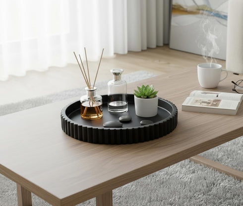 Concrete Decorative Tray for Coffee Table Tray Decor - Charcoal Black Round Decorative Tray - Circle Fluted Centerpiece