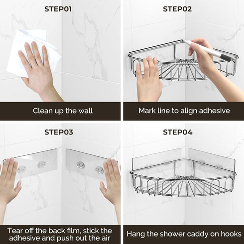 Orimade Corner Shower Caddy - Stainless Steel Wall Mounted Bathroom Shelf Organizer with Hooks, 2 Pack, Silver