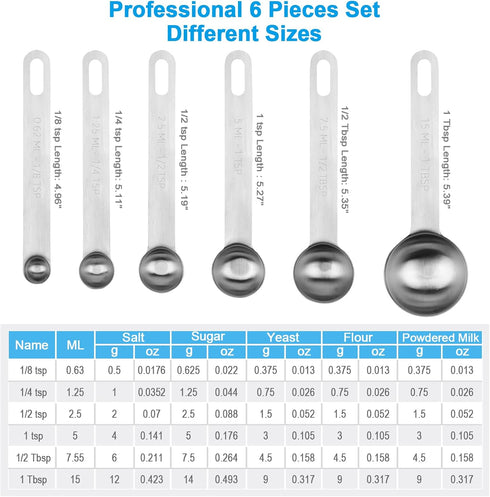 Upgrade Stainless Steel Measuring Spoons Set, 6 Pcs with Bonus Leveler, Etched Markings for Dry and Liquid, Fits Spice