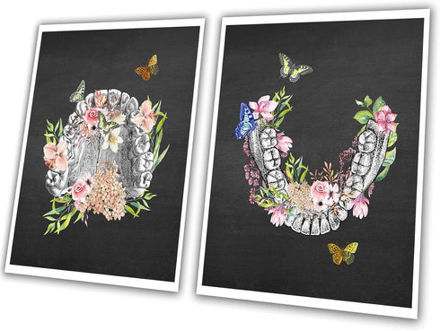 GnosisCollageArt Dental Art Human Teeth Anatomy, Flower Butterflies Set of 2 Unframed Prints