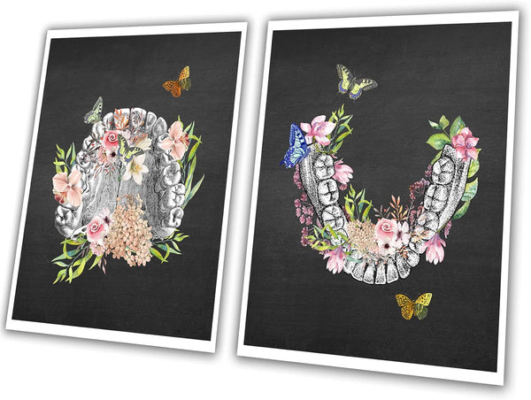GnosisCollageArt Dental Art Human Teeth Anatomy, Flower Butterflies Set of 2 Unframed Prints