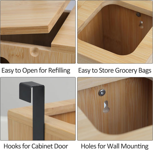 2 1 Trash Bag Dispenser & Grocery Bag Organizer, in Bamboo Garbage Bags Storage Box for Cabinet Door, Under Sink