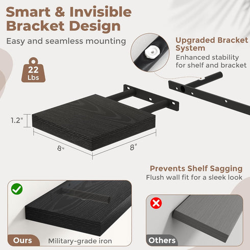 8 Inch Set 3, 8"D Floating Shelves for Wall with Invisible Brackets of Engineered Wood Wall Shelves with Wood Grain