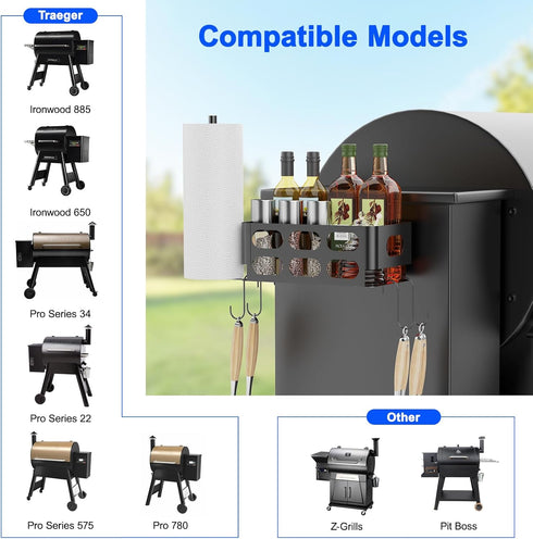 Storage Bin for Traeger Smoker Grill Caddy with Paper Towel Holder and Hooks and Anti-Scratch Pads, Traeger Accessories