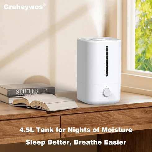 4.5L 20dB 100H Top Fill Humidifiers for Bedroom, Tank for Large Room, Oil Diffuser, Quiet Cool Mist Air Humidifier