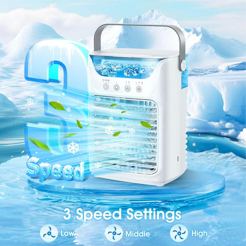 USB Powered Air Conditioner Fan, 700ML Automatic Timing Portable Cooler Humidifier with 7 Color Night Light, 3 Wind