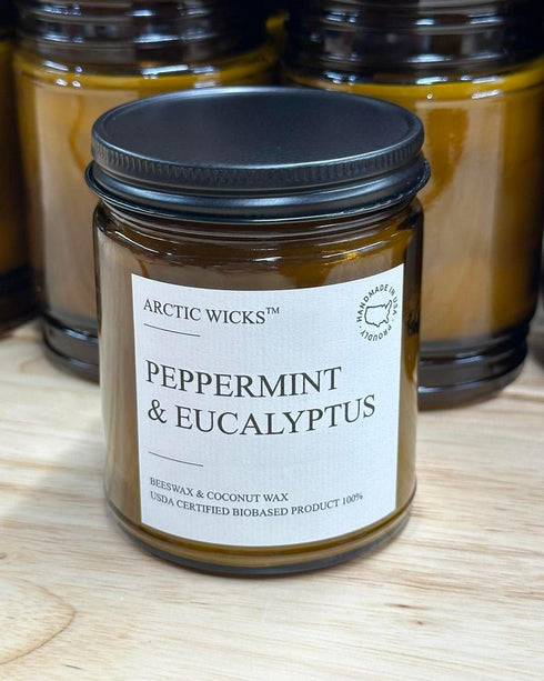 Peppermint & Eucalyptus Candles, Arctic Wicks Non-Toxic Coconut Beeswax 9oz Amber Jar, Spa Wellness Candles