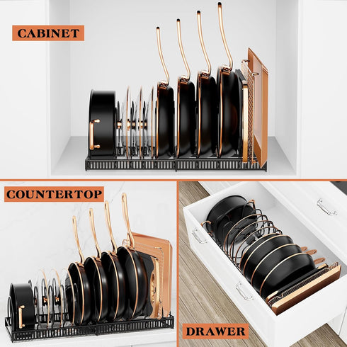 Expandable Pot and Pan Organizer Rack - Space-Saving Kitchen Cabinet Storage Solution