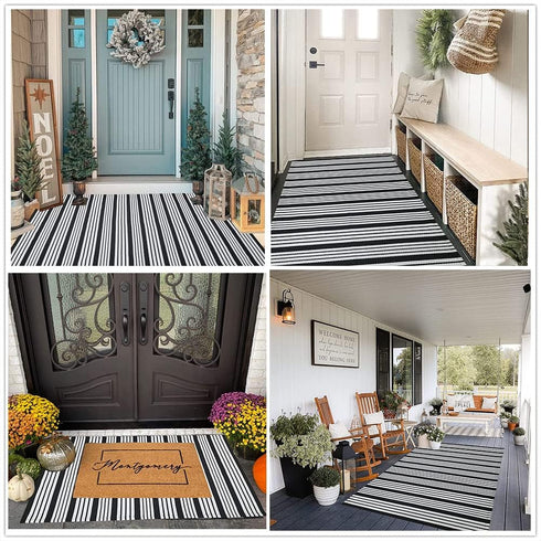 Cotton Black and White Striped Rug (27.5 x 43 Inches), Washable Outdoor Hand-Woven Reversible Stripe Rug