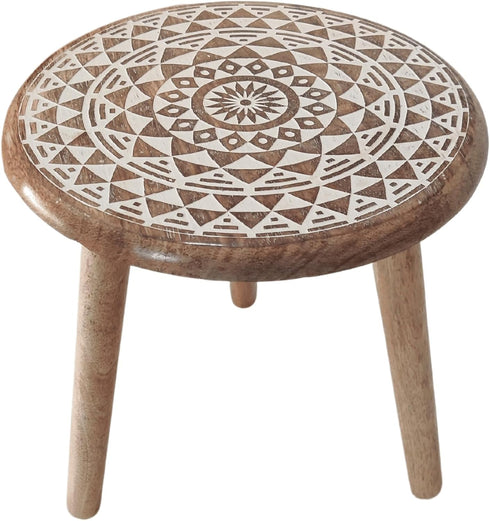 5) VANIYA CRAFTS Wooden Engraved Fold-able Round End Table/Side Table/Plant Stand/Stool for Living Room Bedroom