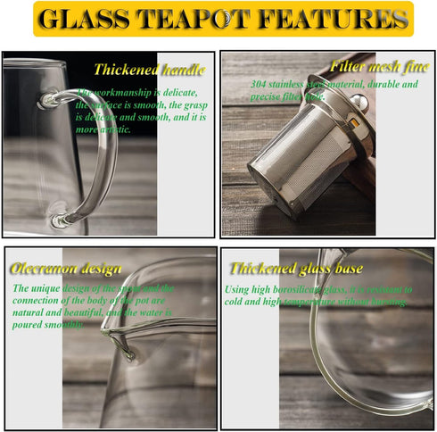 Glass Teapot with Removable Stainless Steel Infuser, Borosilicate Glass Tea Pot for Blooming and Loose Leaf Tea