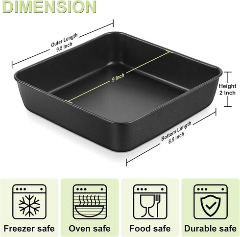 E-far 9x9 Baking Pan, Nonstick Square Cake Pan with Stainless Steel Core, Black Metal Bakeware for Brownies Lasagna Cakes, Non-toxic & Easy Clean, 2 Inch Deep by E-far