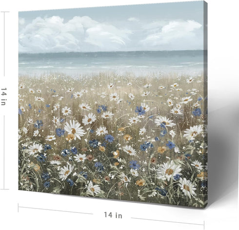 Canvas Wall Art Beach Floral Picture, Coastal Boho Farmhouse Nautical Sea Ocean Wildflowers Vintage Artwork