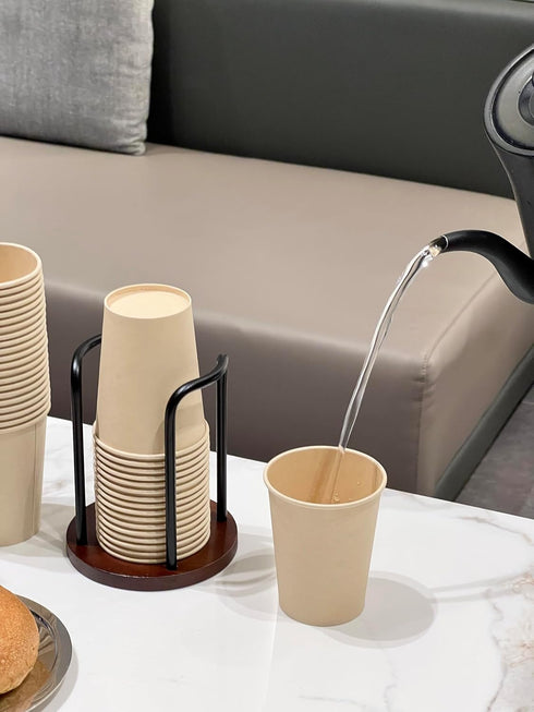 8oz, 3.35in Wood Bathroom Cup Holder Stylish Walnut Disposable Cup Dispenser, Plastic Mouthwash Cup Storage Organizer