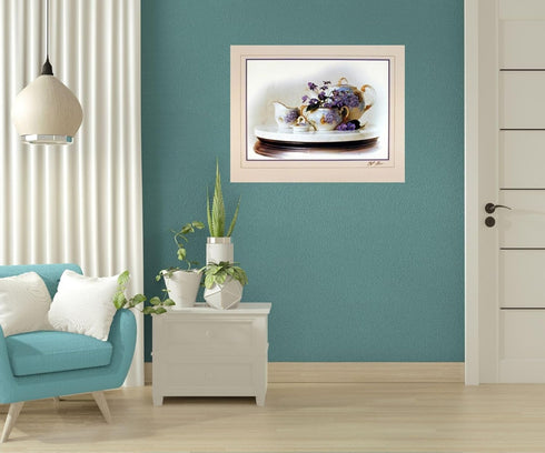 Country Wall Decor Art Print Poster, Violets Flowers & Kettle Tea Pot Still Life (16x20)