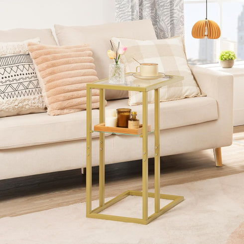 24.4 GD08SF01 HOOBRO End Table, C Shaped Side Table with Tempered Glass, Small Side Table for Sofa, Slide Under Couch