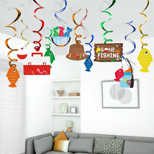 30CT Gone Fishing Party Decorations - Fishing Banner & Hanging Swirl Ceiling Streamers for Baby Shower Supplies