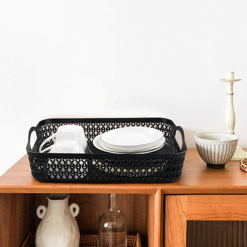 Large Plastic Storage Basket Tray with Handle, Black, Pack of 6