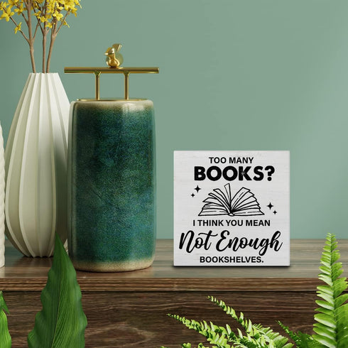 YIDOU Bookshelf Wood Box Sign Decor Desk Sign Too Many Books Not Enough Bookshelves Wooden Box Block Sign Rustic Home