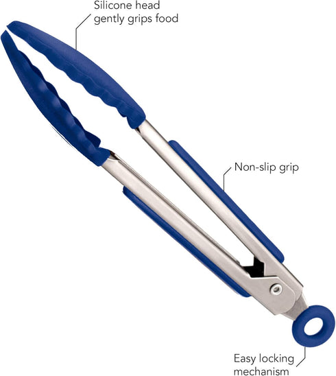 Tovolo Mini Silicone Easy-Grip Tongs, Non-Slip Handle, Blue, 8.25 Inches