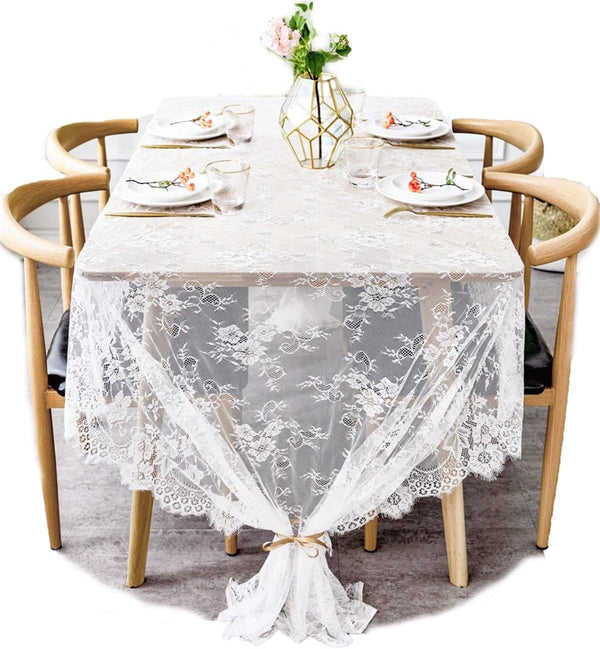 BOXAN Gorgeous White Lace Tablecloth Overlay, 60x120 Inch Rose Vintage Embroidered, Romantic Boho Wedding Reception