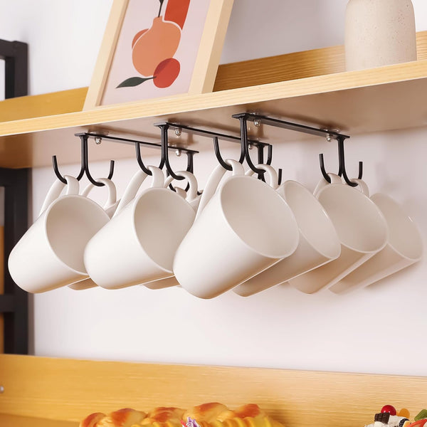 Under Cabinet Mug Hooks, 3 Pieces Mug Holder Rack with 12 Hooks, Display Hanging Storage for Mugs/Coffee Cups, Black