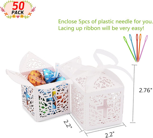 VIVIQUEN Baptism Favor Boxes, Laser Cut Cross Favor Boxes with 50 Ribbons for Baby Shower and Wedding Party Decorations