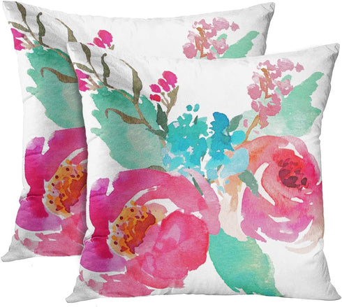 Emvency Set of 2 Throw Pillow Cover - Flowers Watercolor Peonies Pink Turquoise Decorative Pillow Case (18 x 18 Inch)