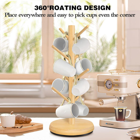 Mug Holder Tree,New Upgraded 360° Rotated 8 Hooks Coffee Cup Holder for Counter,Wood Coffee Mug Rack Standing for Coffee Bar Accessories and Kitchen Home Organizer(Natural) by ZYZWTG