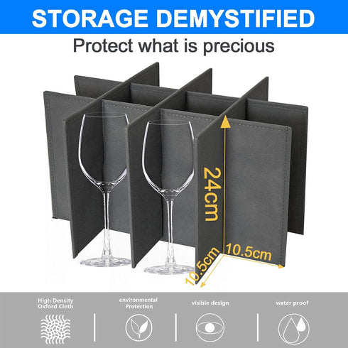 Stemware Storage Cases, Quilted Glassware Storage with Dividers for 12 Red Wine Glasses, Stackable Dark Gray