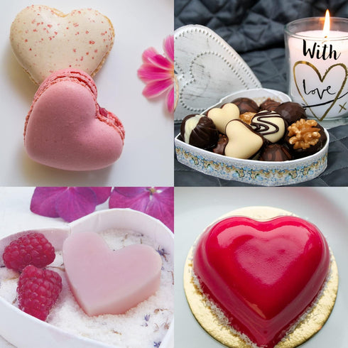 6PCS Diamond Heart Silicone Mold, Valentines Day Rose Flower Chocolate Mold with 2 Liquid Droppers for Baking