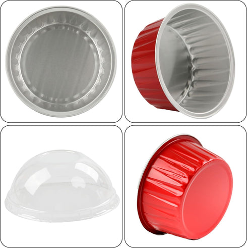 BAKINGPAK 50PCS Mini Aluminum Pans with Lids, 4OZ Baking Cups, Disposable Ramekins, Red Mini Cake Pans for Birthday