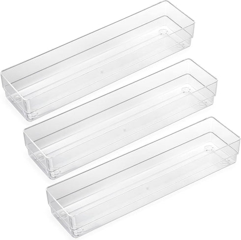 LotFancy Clear Drawer Organizers, Set of 3, 12” x 3” x 2” Plastic Storage Bins for Desk, Bathroom, and Makeup