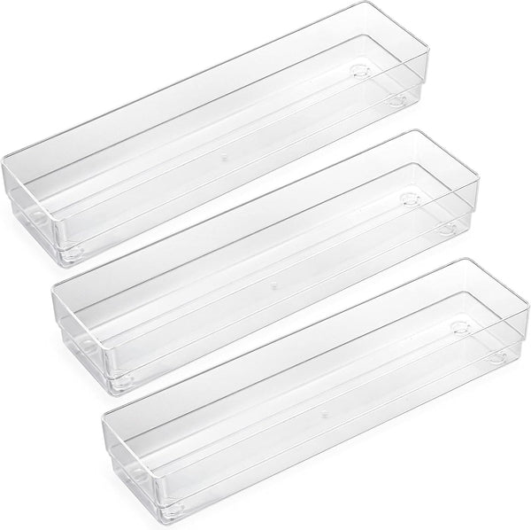 LotFancy Clear Drawer Organizers, Set of 3, 12” x 3” x 2” Plastic Storage Bins for Desk, Bathroom, and Makeup
