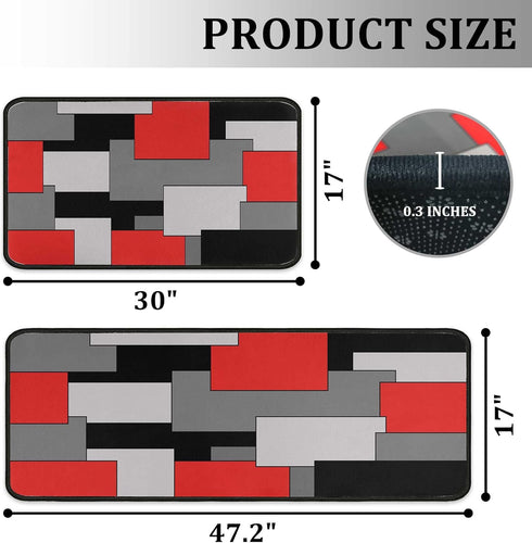 Set 2- 17x47.2 17x30 inches Kitchen Rugs of Red, Black, and Grey Modern Geometric Non-Slip Washable Floor Mats