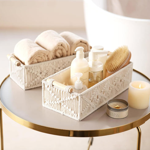 Countertop Set 2, Mkono Macrame Storage Baskets Boho Decor Box Handmade Woven Decorative Toilet Tank Shelf Cabinet