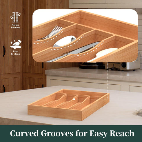 Bamboo Silverware Organizer, Kitchen Drawer Utensil Holder, Cutlery Tray with Grooved Drawer Dividers