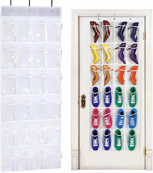 QUMENEY 24-Pocket Over-The-Door Shoe Organiser, Folding Hanging Organiser with Hooks, Heavy-Duty Hanging Mesh