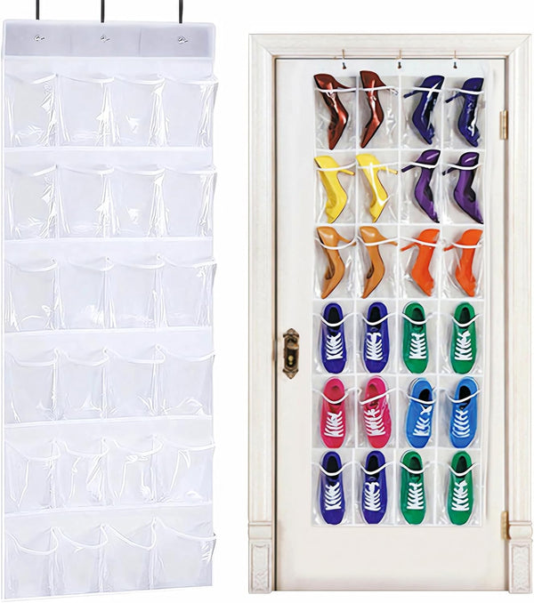 QUMENEY 24-Pocket Over-The-Door Shoe Organiser, Folding Hanging Organiser with Hooks, Heavy-Duty Hanging Mesh