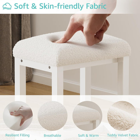 Small Vanity Stool, Cute Vanity Stools with Faux Teddy Fur Cushion, White Makeup Vanity Chair for Small Spaces, Living