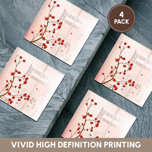 3dRose Set of 4 Ceramic Tile Coasters, Pretty Cherry Blossoms Against Oriental Scene