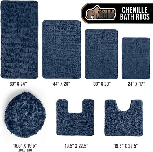 Gorilla Grip Plush Absorbent Shaggy Chenille Bath Rug Mat - Machine Washable, Navy, 22.5x19.5