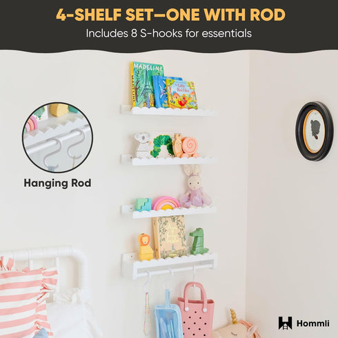 Hommli 4-Pack Set 1 8 Nursery Book Shelves, Scalloped Shelves, White with Hanging Rod and S-Hooks for Kids Rooms