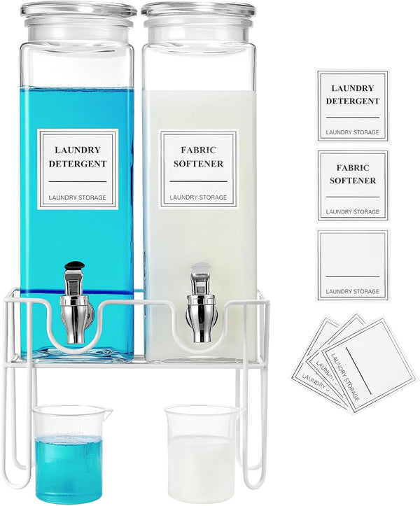 SACIOVEE 2 Pack Glass Laundry Detergent Dispenser with Stand, Laundry Soap & Fabric