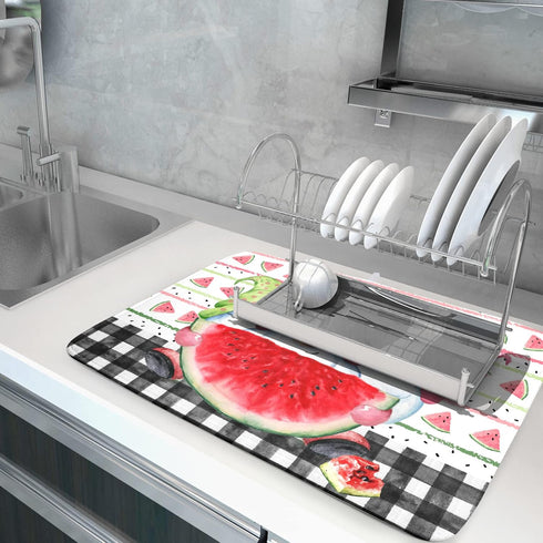 Summer Gnomes Dish Drying Mat 18x24 Inch, Watermelon Fruit Buffalo Plaid Absorbent Kitchen Dry Mats for Sink