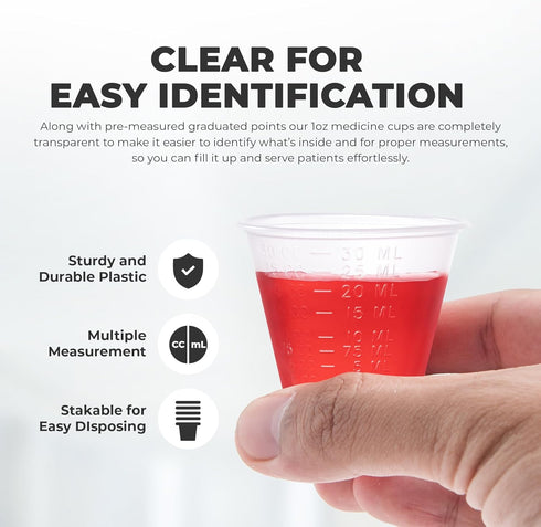 Graduated 1 oz Plastic Medicine Cups, Clear Containers for Medications, Disposable or Reusable, 100 Count