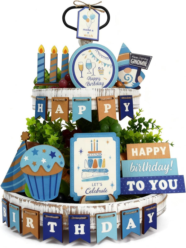 YvSuZeBuDa 24Pcs Wooden Tiered Tray Decor Set, Farmhouse Birthday Decor with Happy Birthday